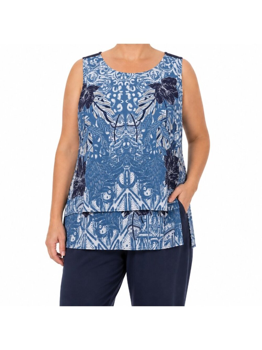NEW Diane Gilman Blue Floral Layered Tank Top - Large
